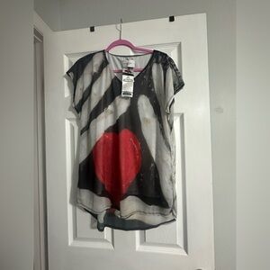 Printed Sheer Blouse with Red Heart Accent - Black & White